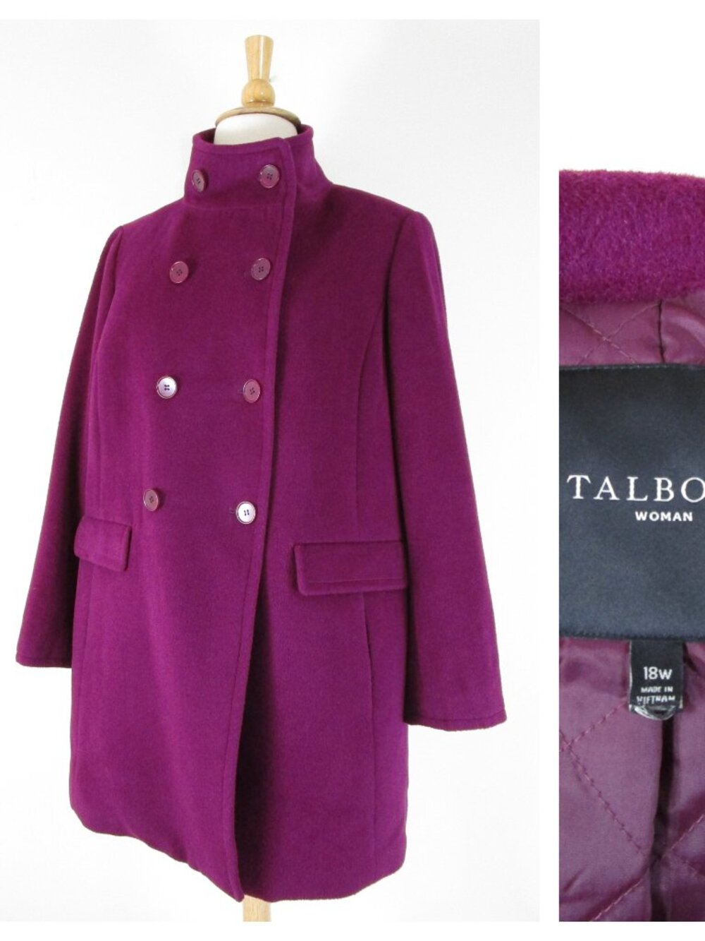 Talbots Plus Size Magenta Fuchsia Purple Wool Alpaca Pea Coat Top Coat Size 18W